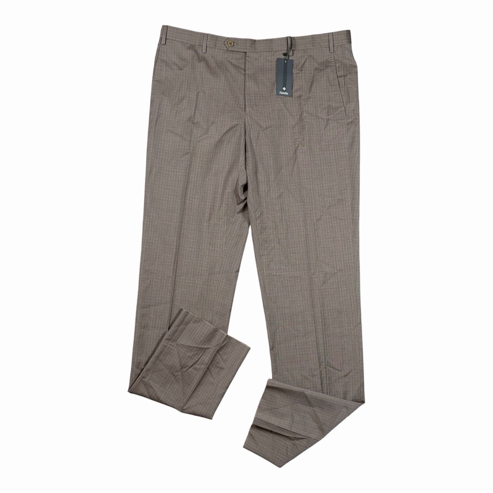 Zanella NWT Dress Pants Devon Brown Windowpane 100% Wool Sz 40x36 Unhemmed